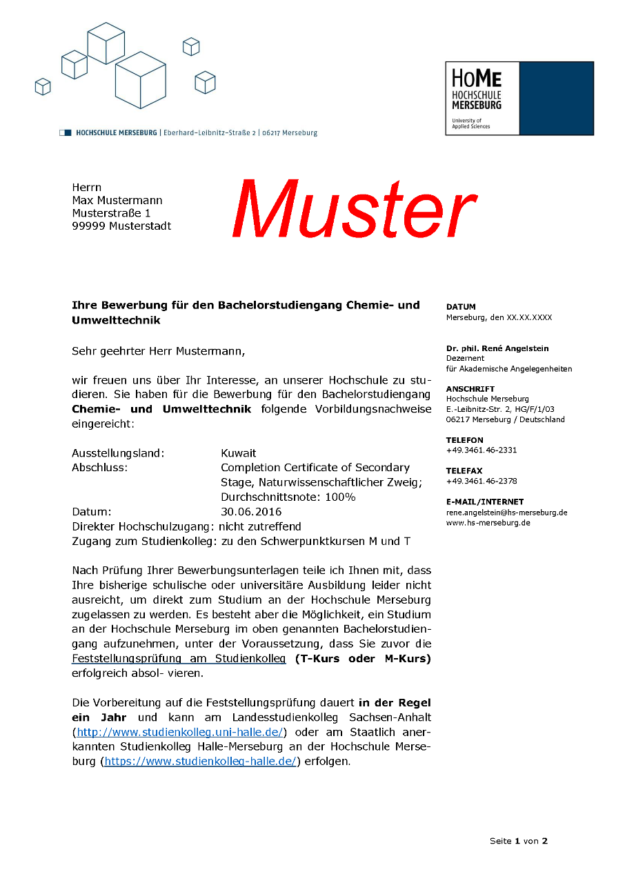 Sample of a Studienkolleg notice from Merseburg University of Applied Sciences (example)